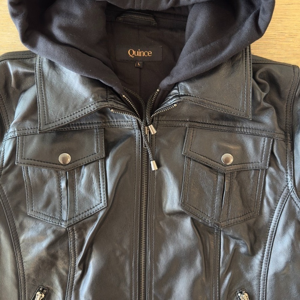 Quince 100% Soft Sheep Leather Moto Biker Jacket w/ Removable Hood-Black-Sz L - Picture 3 of 16